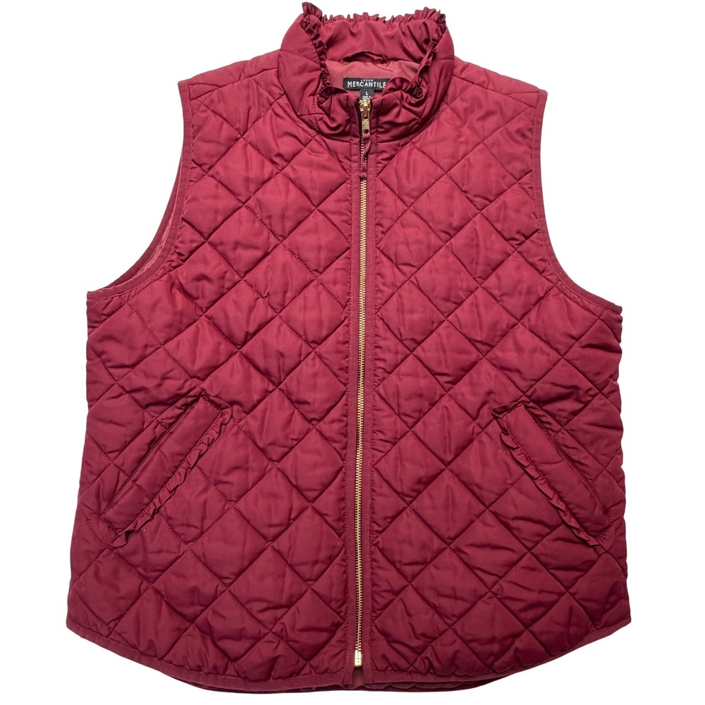 J‎ Crew Mercantile Quilted Vest Burgundy Ruffle Collar Zip Puffer Vest Large L
